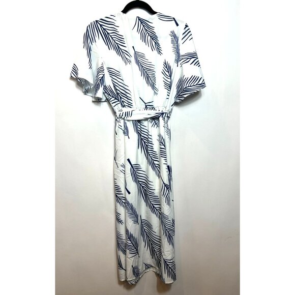 Cupshe Belted Abstract Leaf Print Midi Dress White & Navy Blue Wrap Style Large - Picture 5 of 10